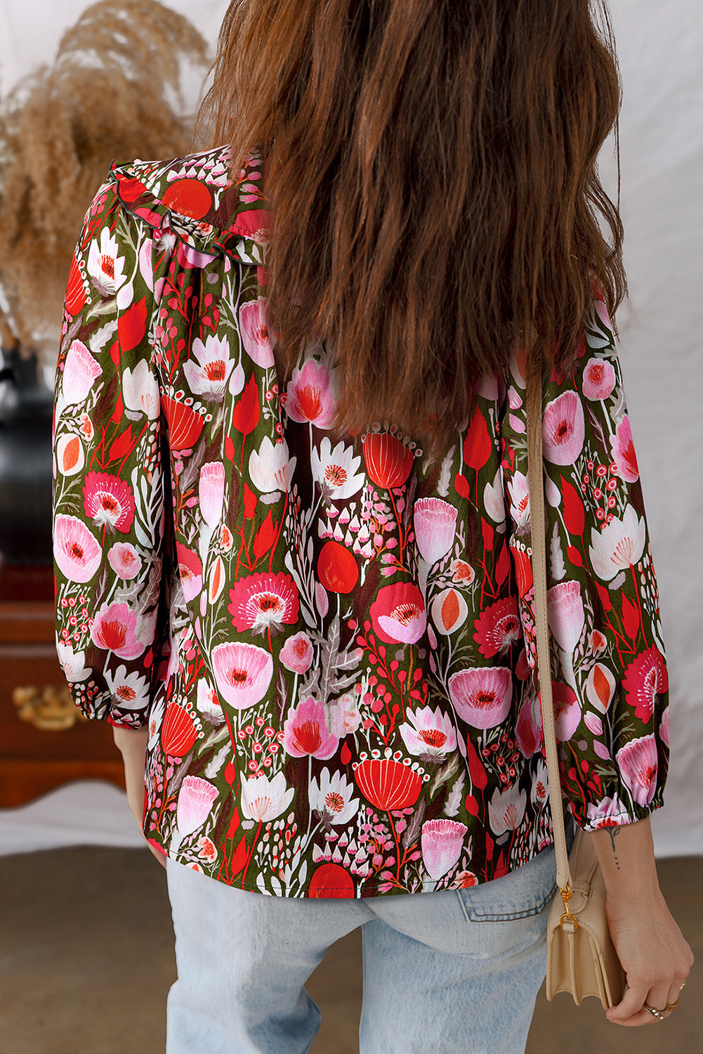 Red Floral 3/4 Sleeve Lace-up Neck Blouse