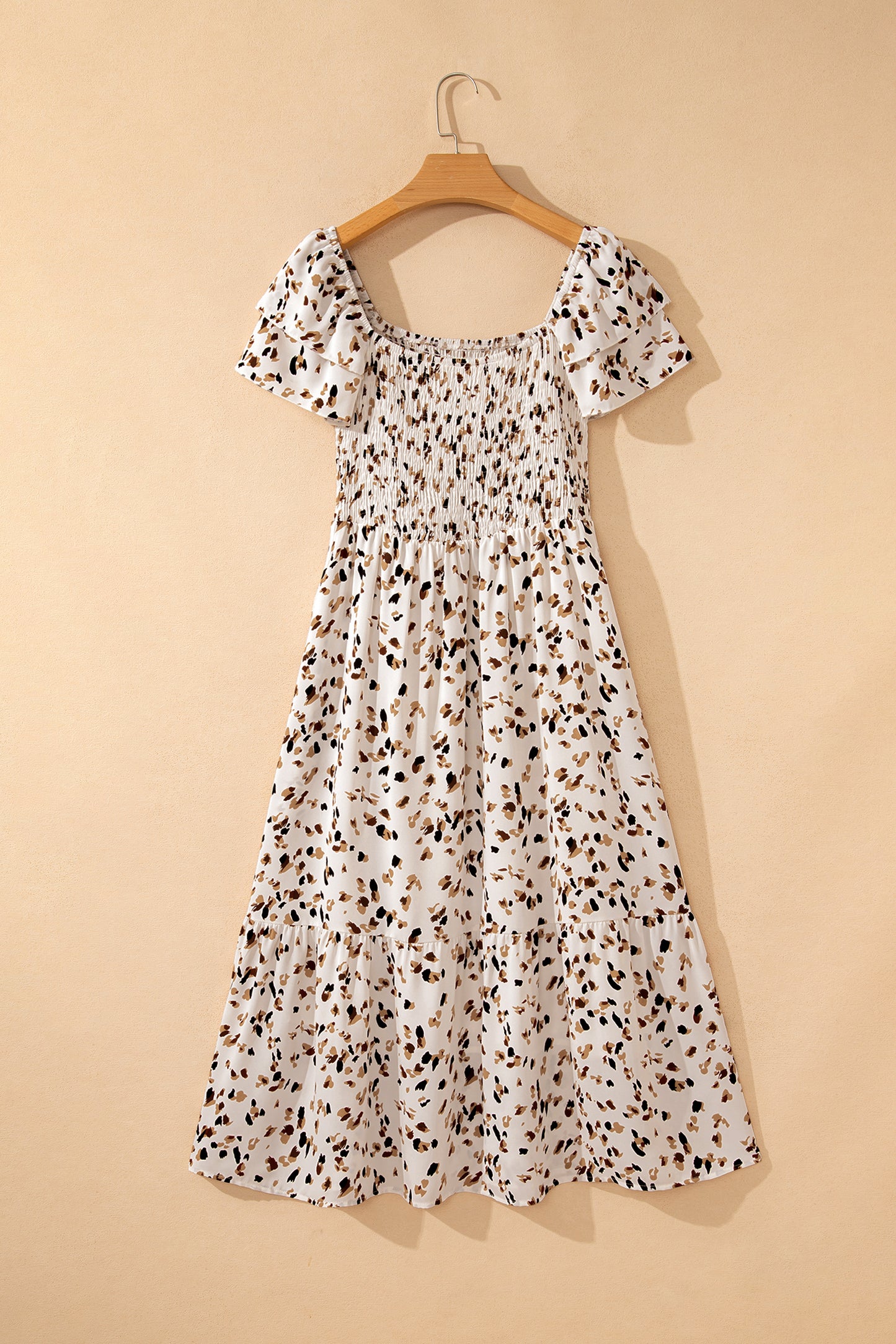 Blue Ditsy Floral Print Smocked Square Neck Ruffle Short Sleeve Dress