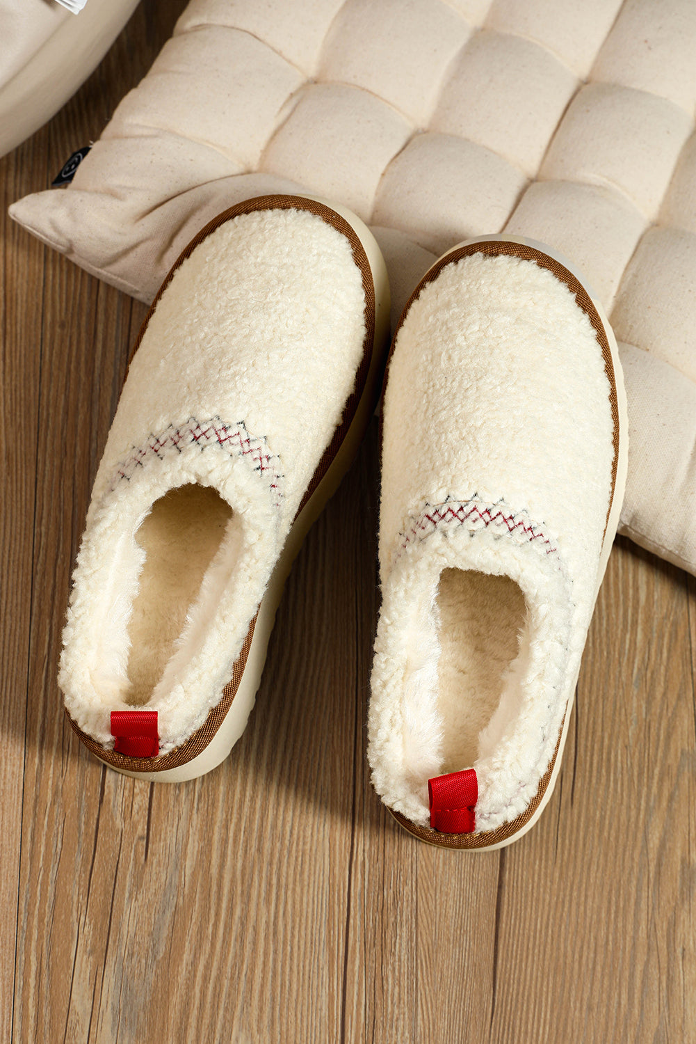 Oatmeal Warm Contrast Trim Plush Thick Sole Slippers