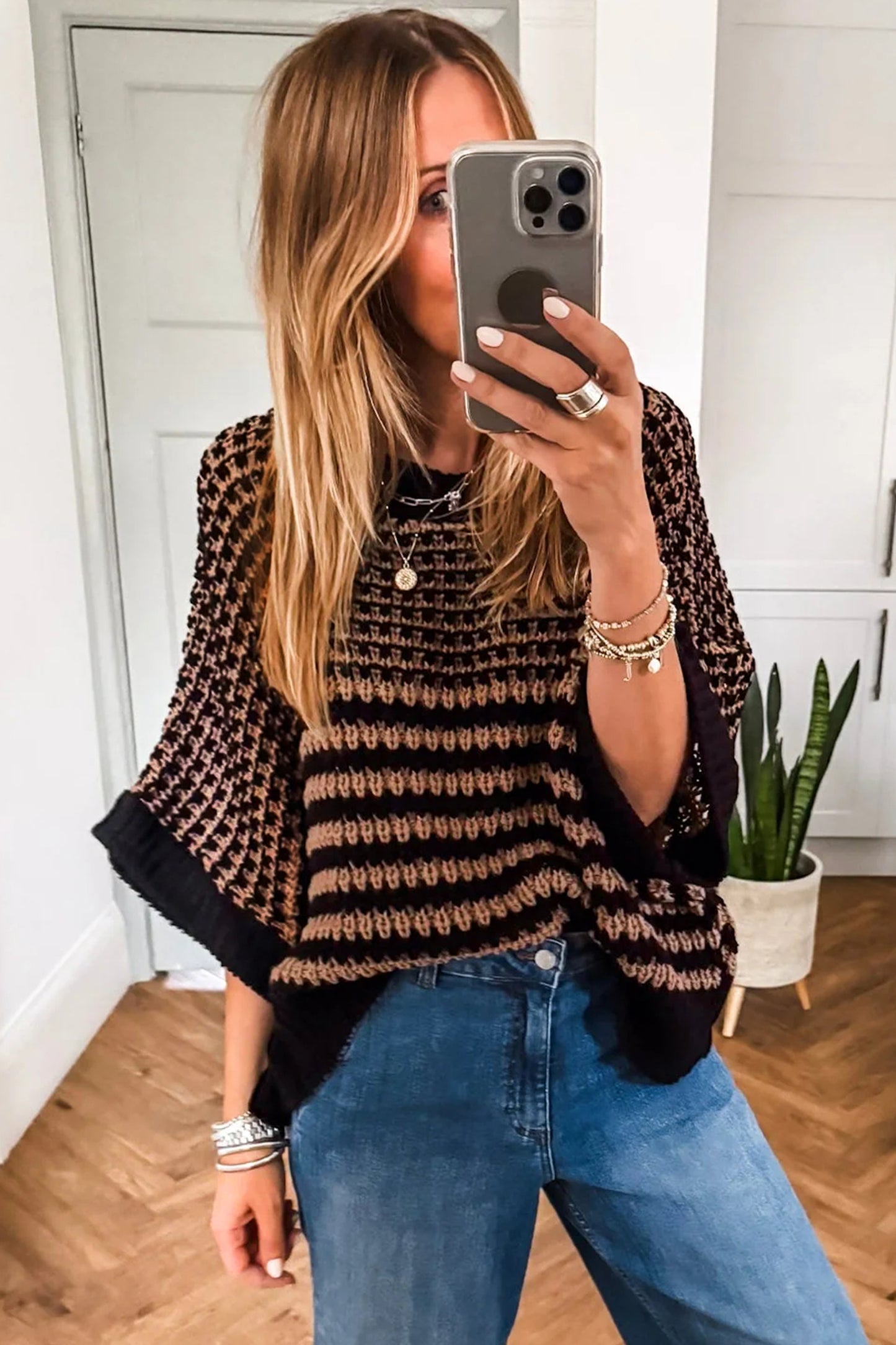 Green Stripe 3/4 Draped Sleeve Slouchy Sweater