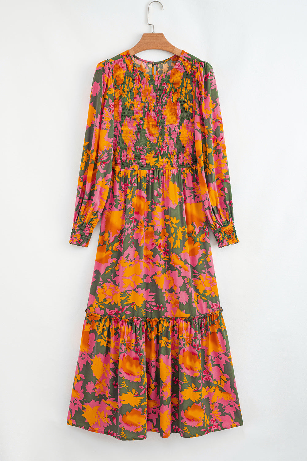 Chestnut Floral Puff Sleeve Smocked Bodice Ruffled Long Dress