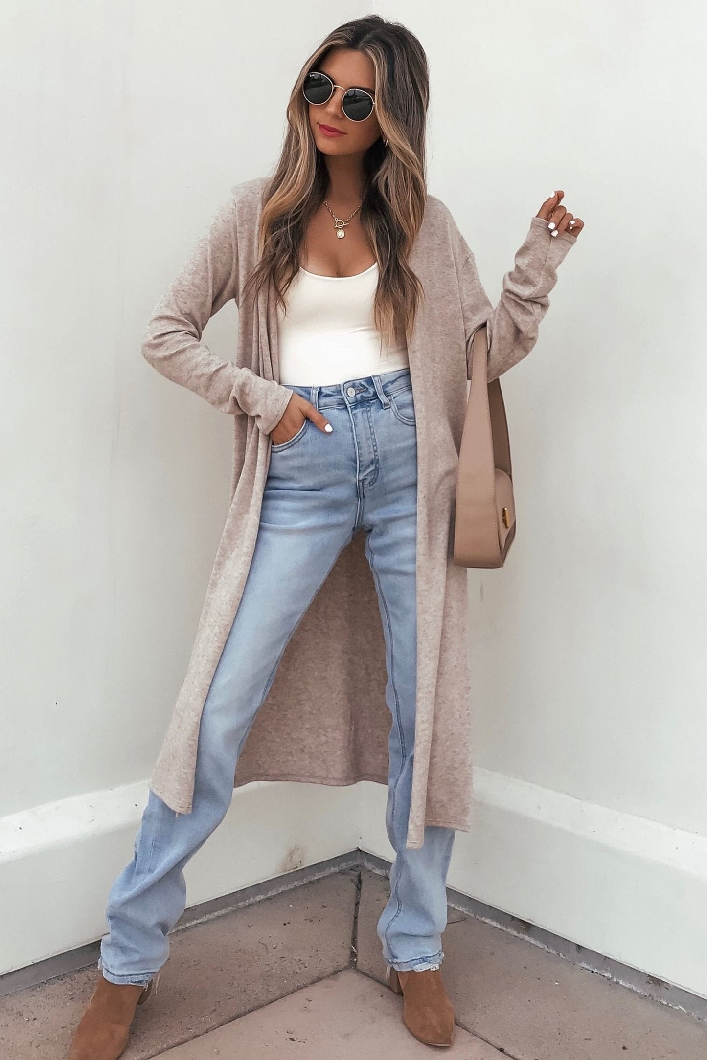 Parchment Solid Color Long Sleeve Casual Tunic Shift Cardigan