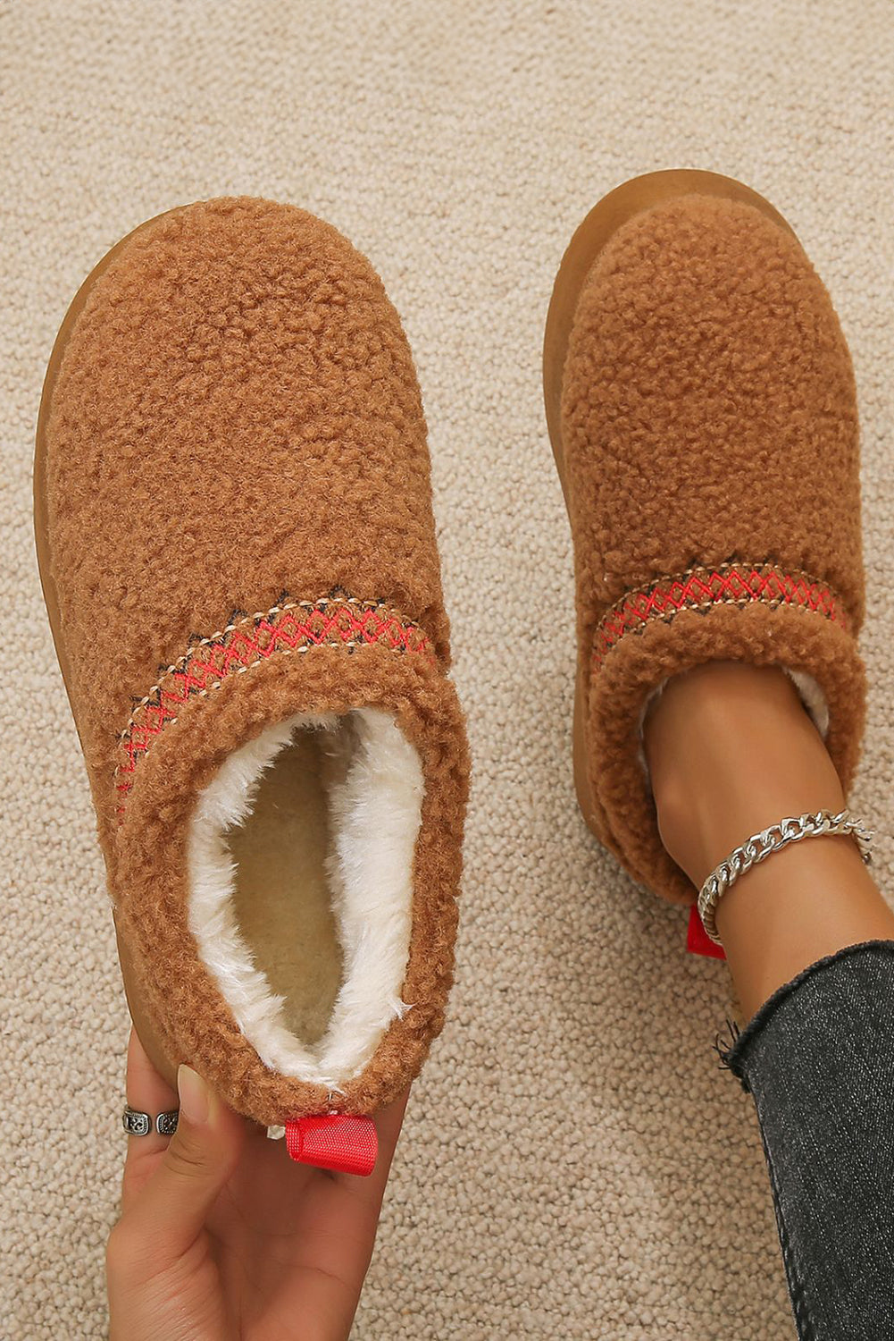 Oatmeal Warm Contrast Trim Plush Thick Sole Slippers