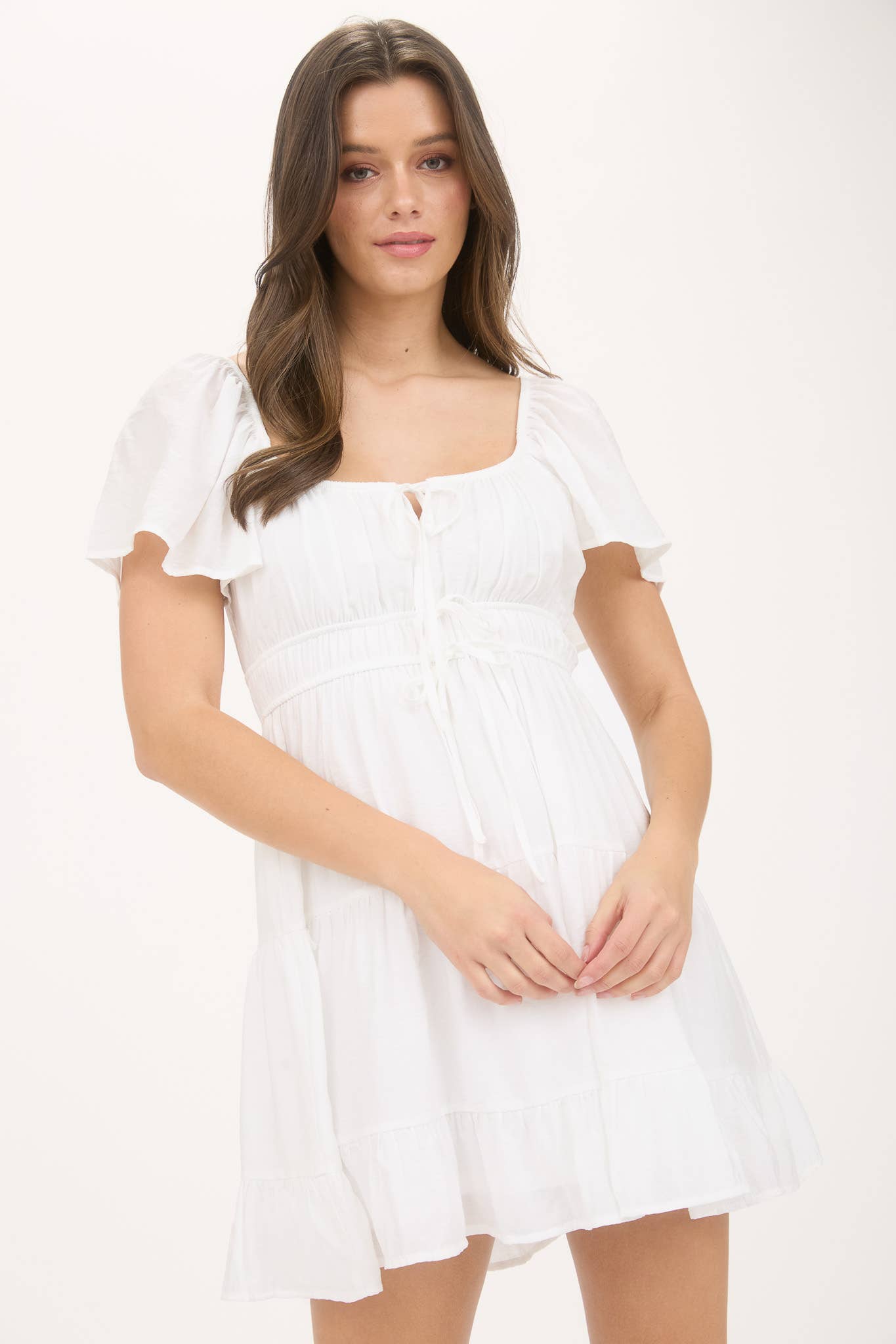 Front Tie Strap Short Sleeve Tiered Mini Dress