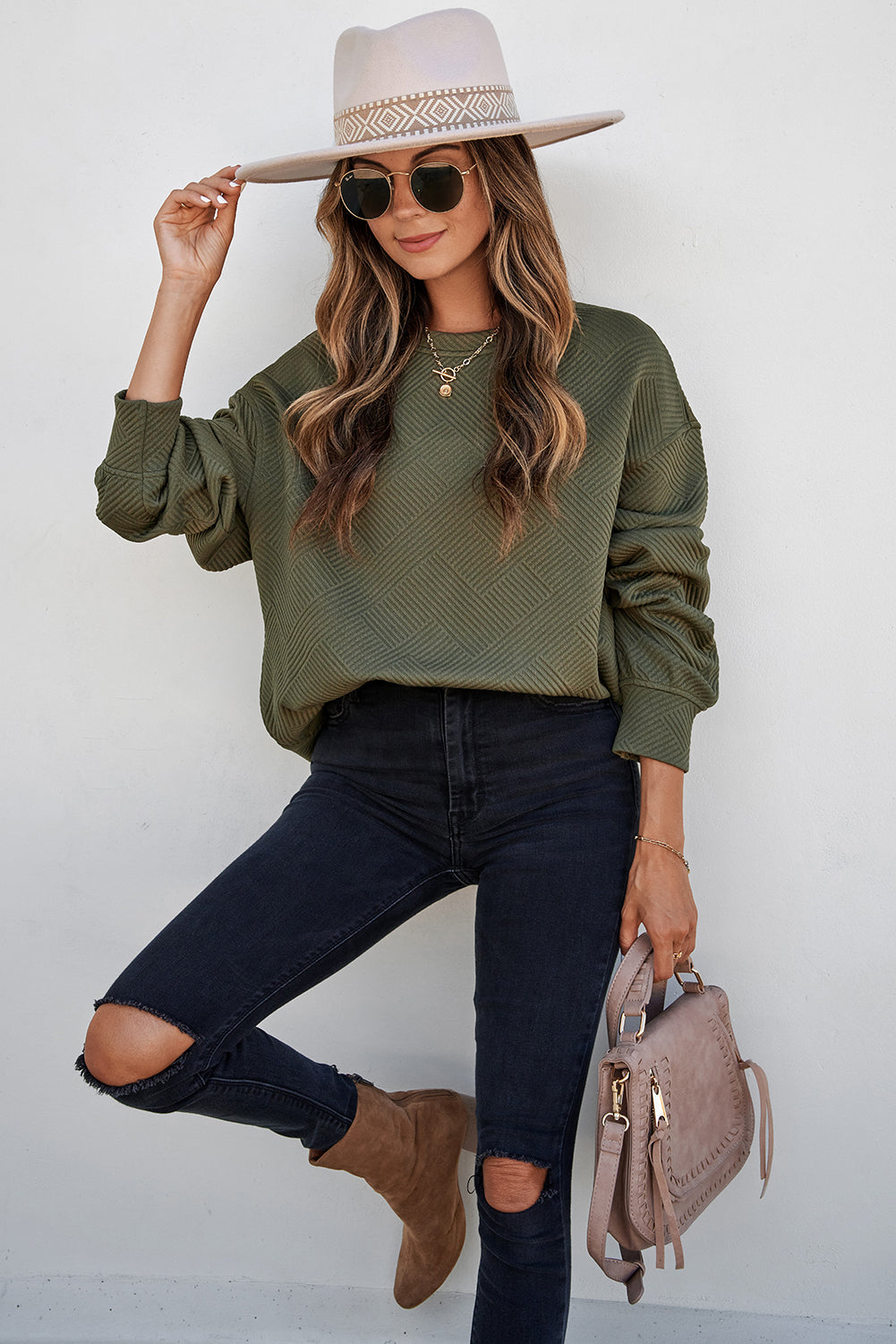 Coffee Solid Color Textured Round Neck Drop Shoulder Pullover Sweatshirt