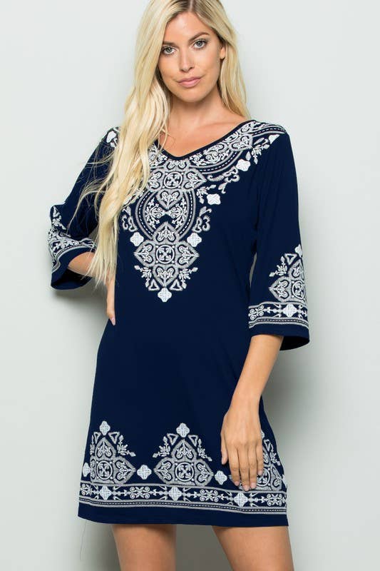 Hemish Damask Print Dress: 3/4 Sleeve