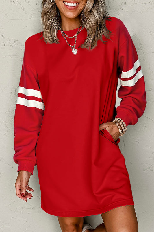 Fiery Red Preppy Striped Sleeve Loose Mini Dress