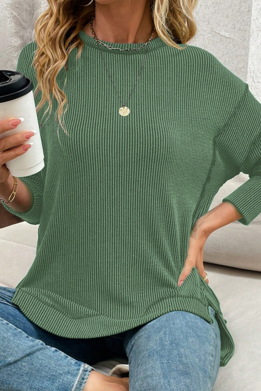 Bright Green Twisted Ribbed Split Loose Long Sleeve Pullover Top