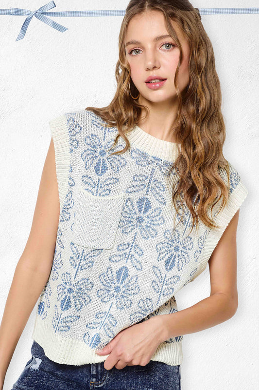 Floral Pattern Sleeveless Sweater Vest Top