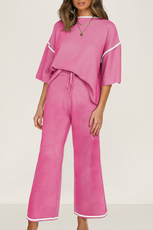 Bright Pink Loose Contrast Trim Half Sleeve Top and Drawstring Pants Set