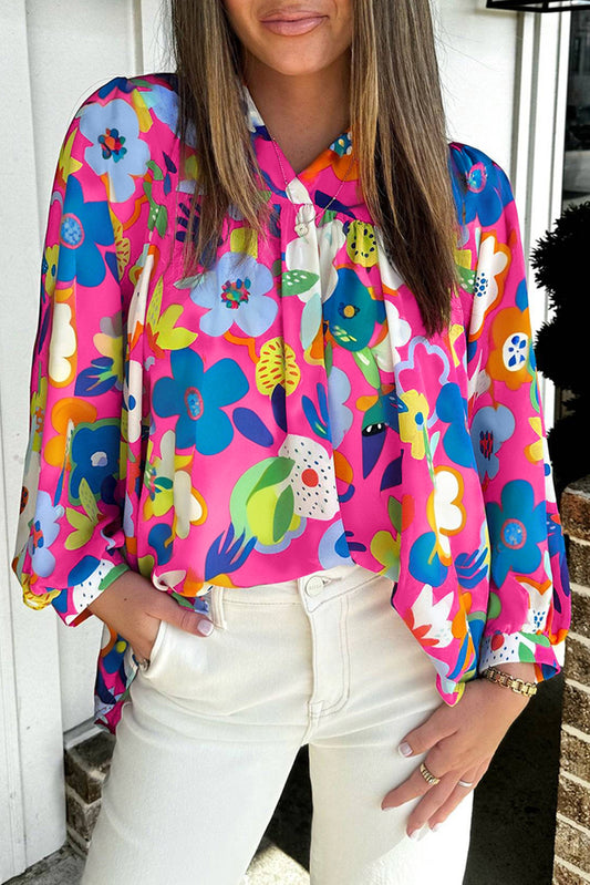 Rose Floral Puff Sleeve V Neck Blouse