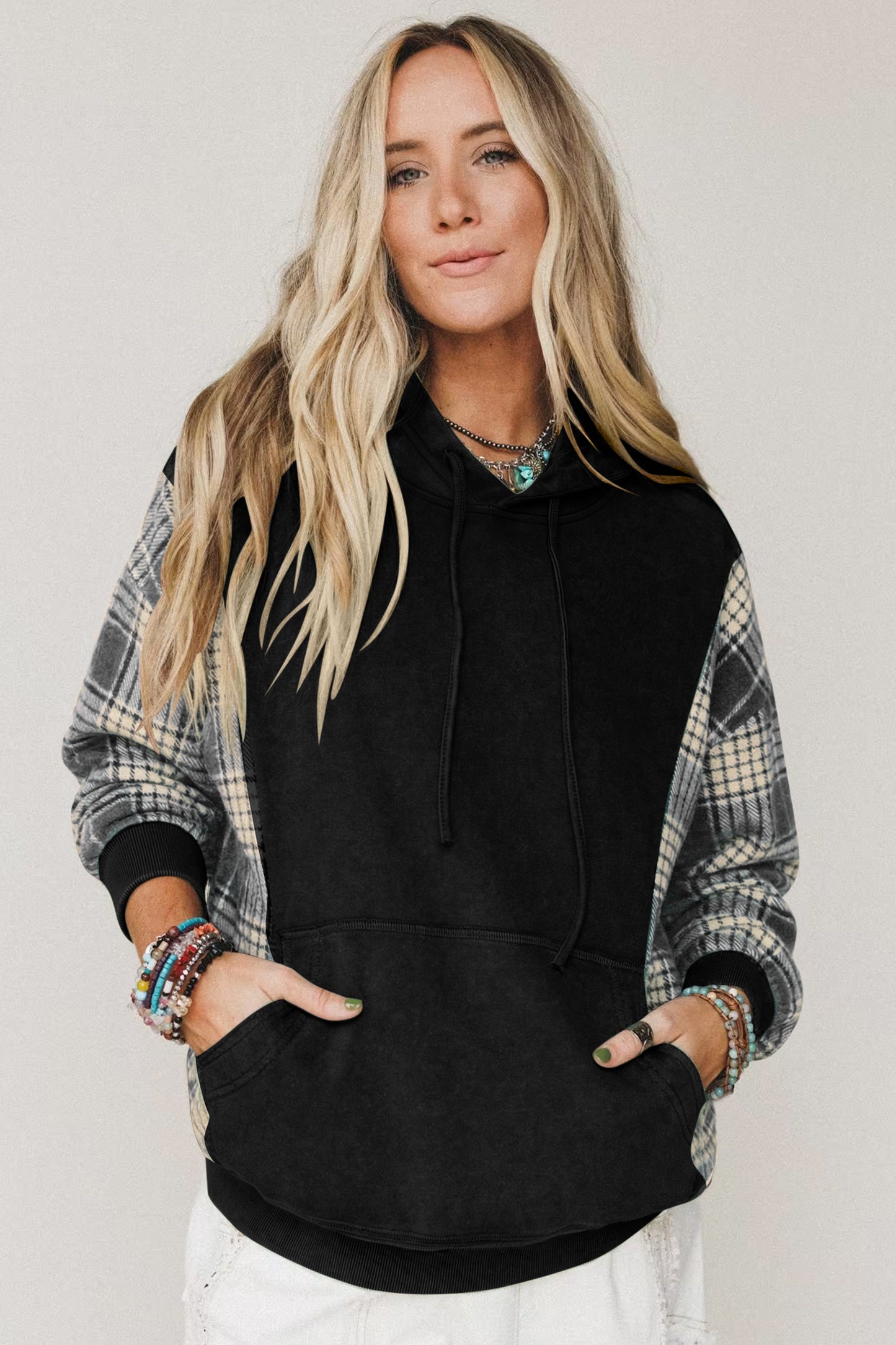 Moss Green Plaid Sleeve Drawstring Pocket Hooded Sweatshirt