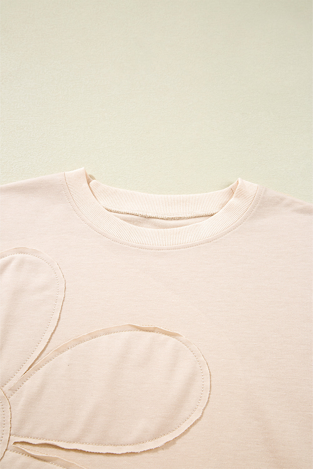 Coffee Raw Edge Flower Patch Drop Shoulder Long Sleeve Top