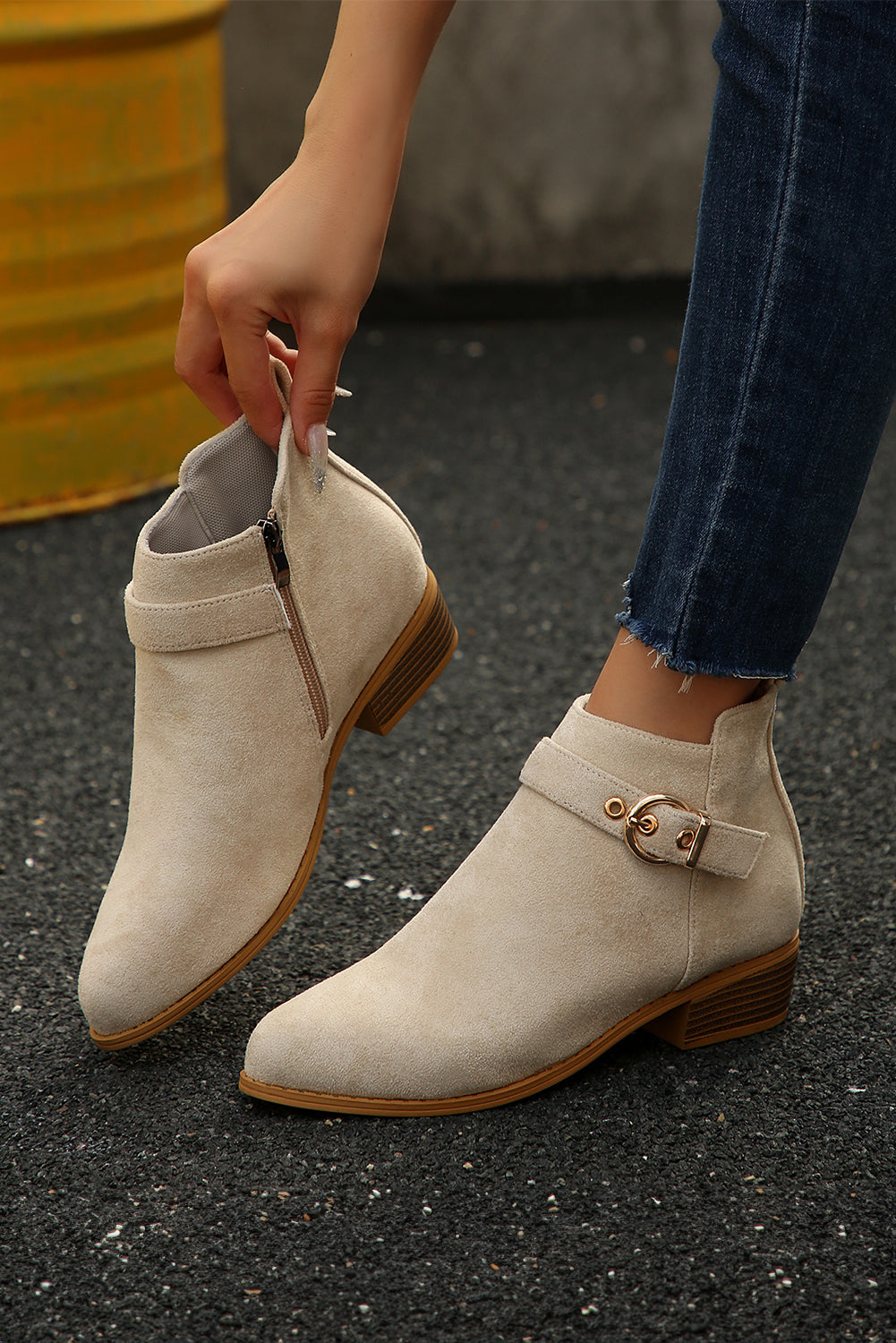 Beige Retro Pointed Toe Ankle Boots