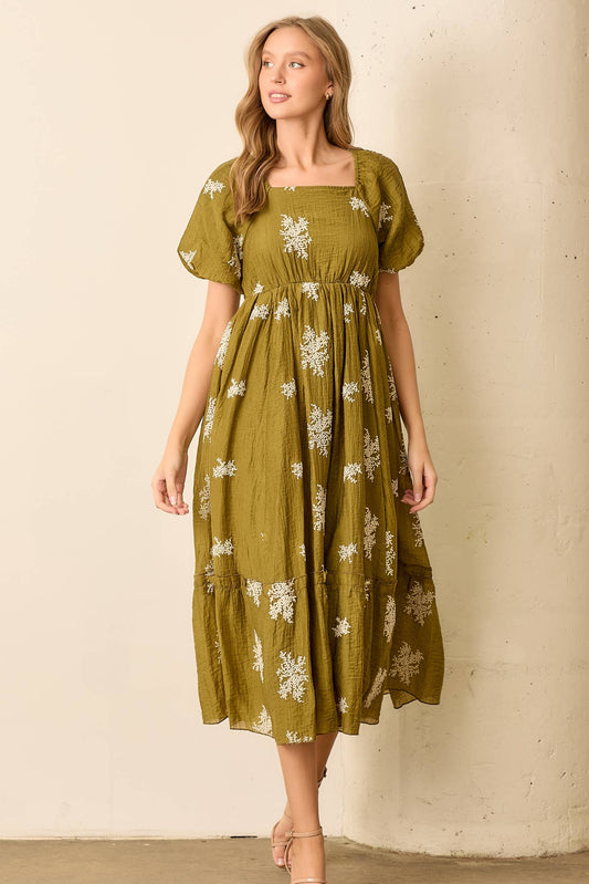 Square Neck Bubble Sleeve Maxi Dress