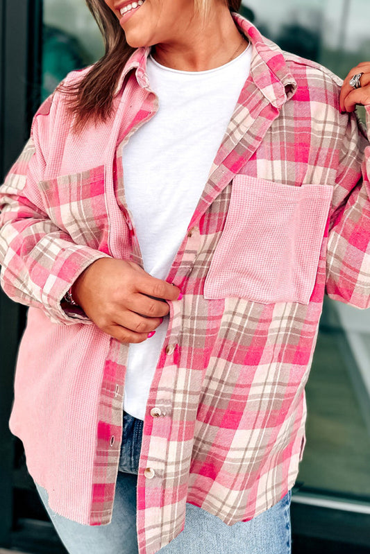 Pink Waffle Pocket Plaid Patchwork Plus Size Shirt