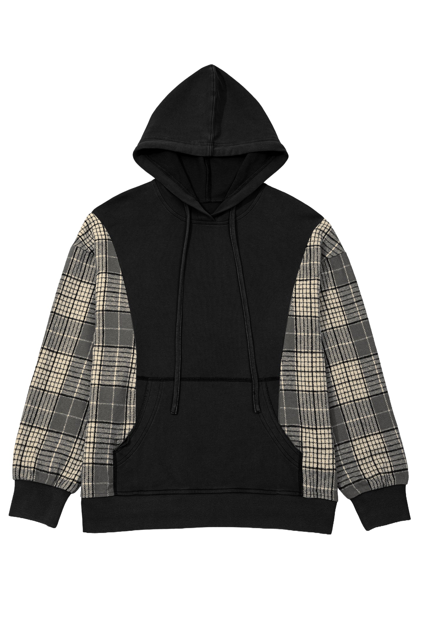 Moss Green Plaid Sleeve Drawstring Pocket Hooded Sweatshirt