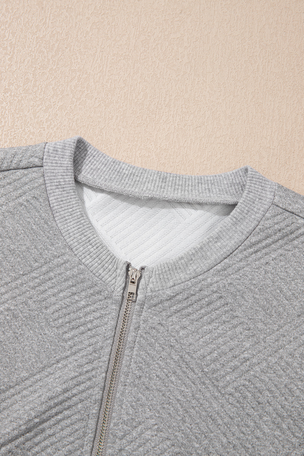 Medium Grey Solid Color Texture Zipper V Neck Sweatshirt
