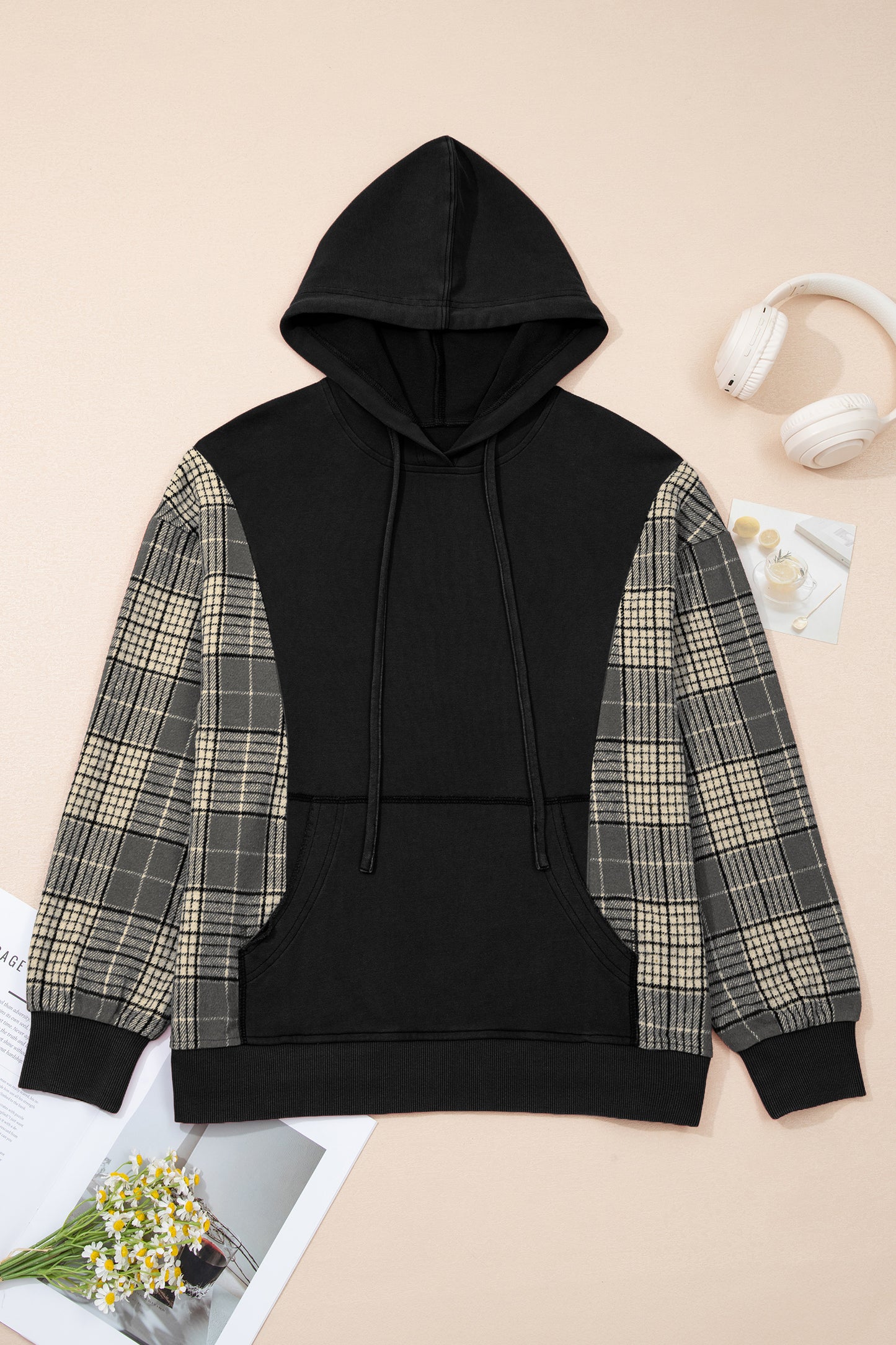 Moss Green Plaid Sleeve Drawstring Pocket Hooded Sweatshirt